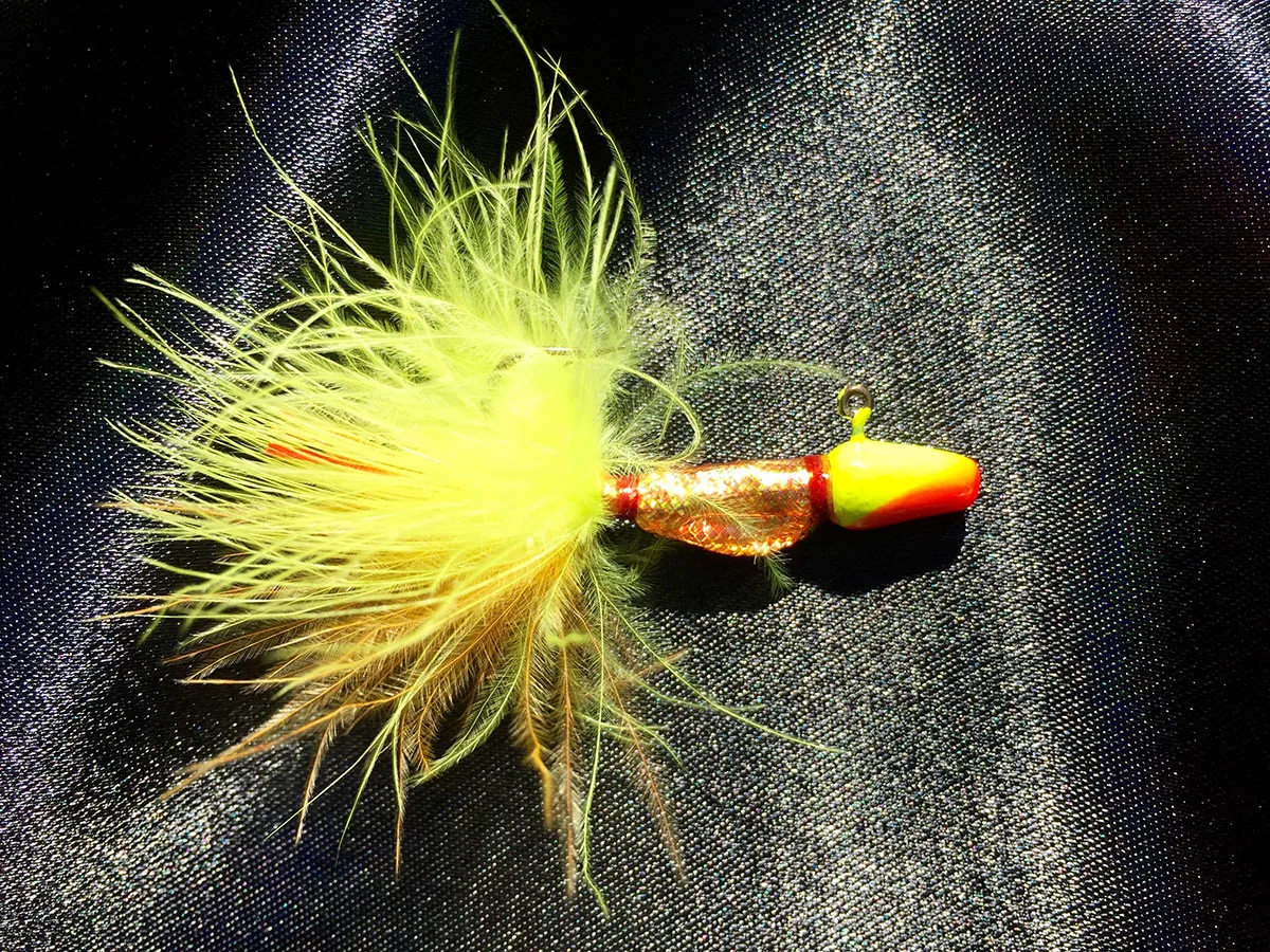 Close detail of a hand-tied FishHawk Jig
